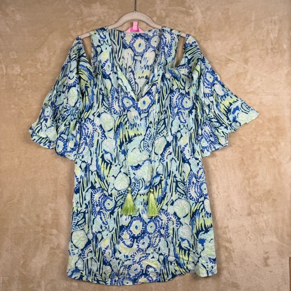 Lilly Pulitzer Womens Small Blue Green Cold Shoulder Tassel Tunic Top Resortwear